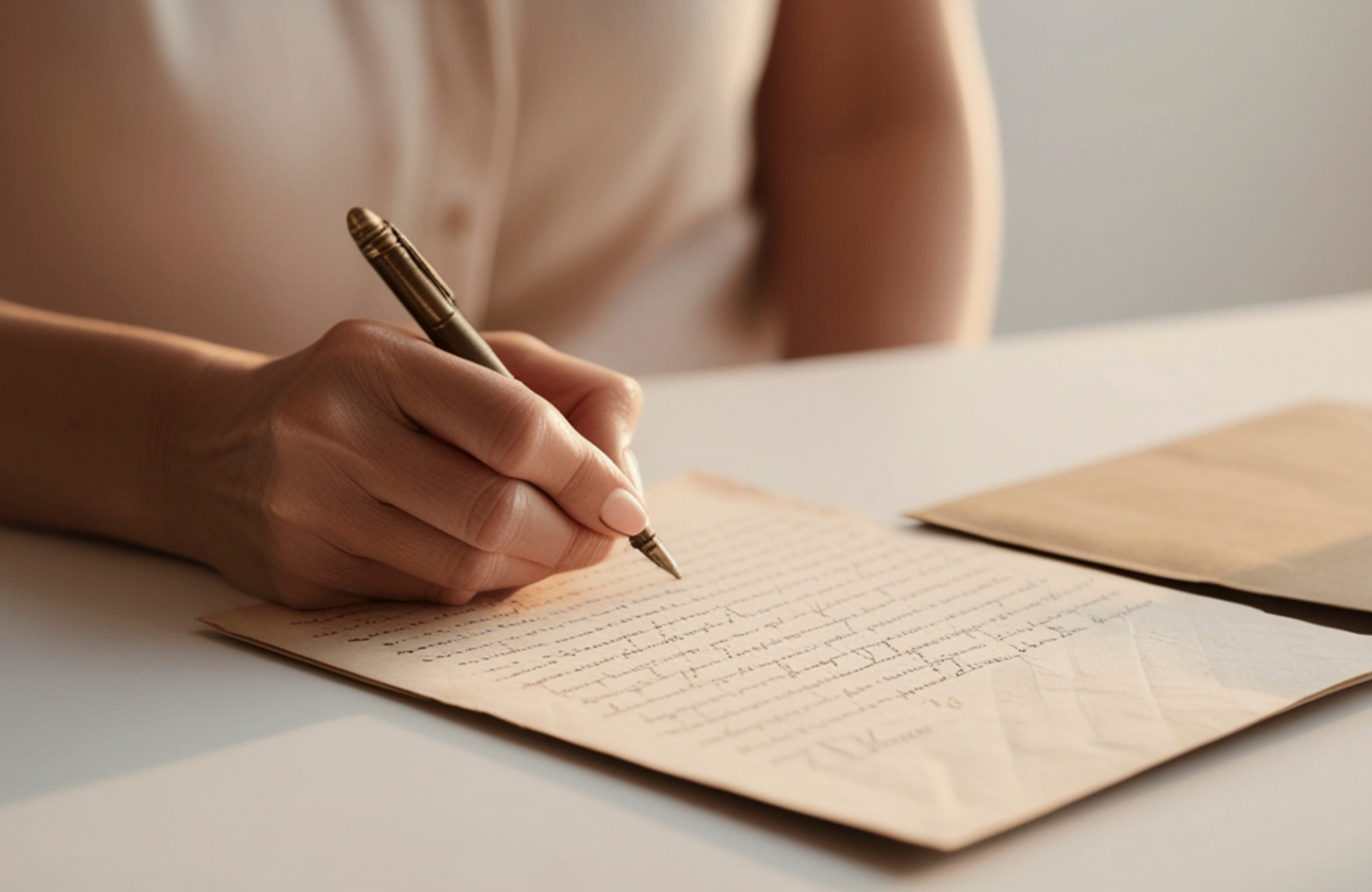 Hand writing a letter with a fountain pen on warm paper